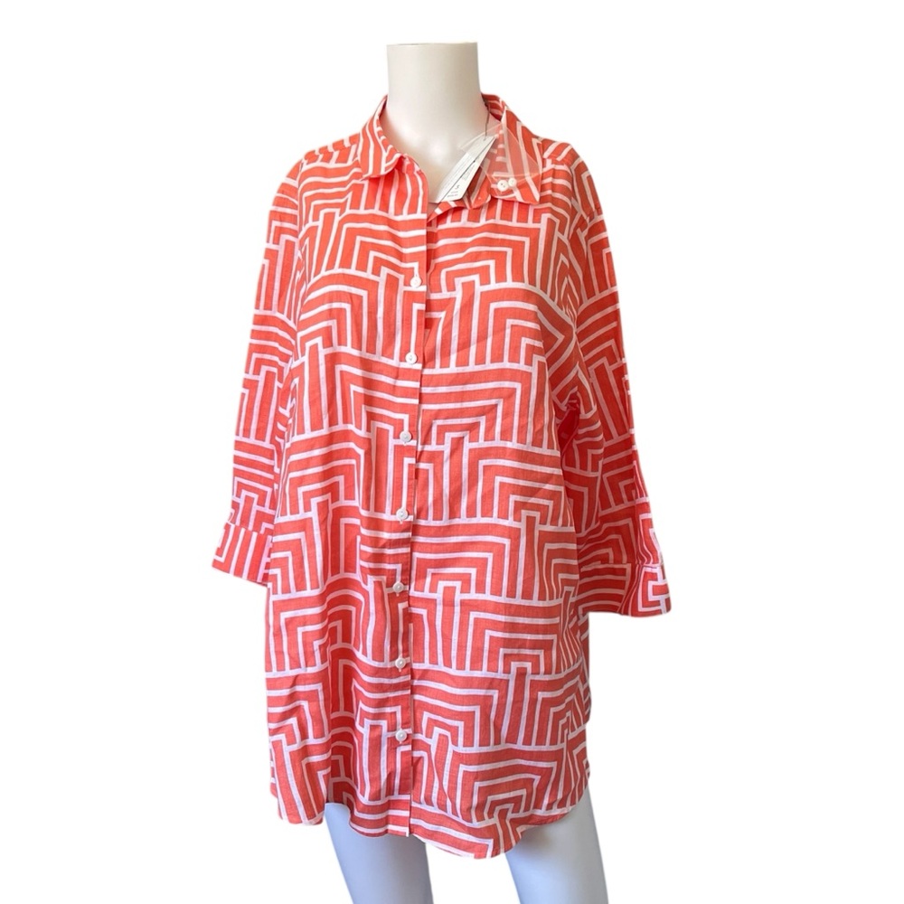 Chico's Coral and White Geometric Button-Front Blouse